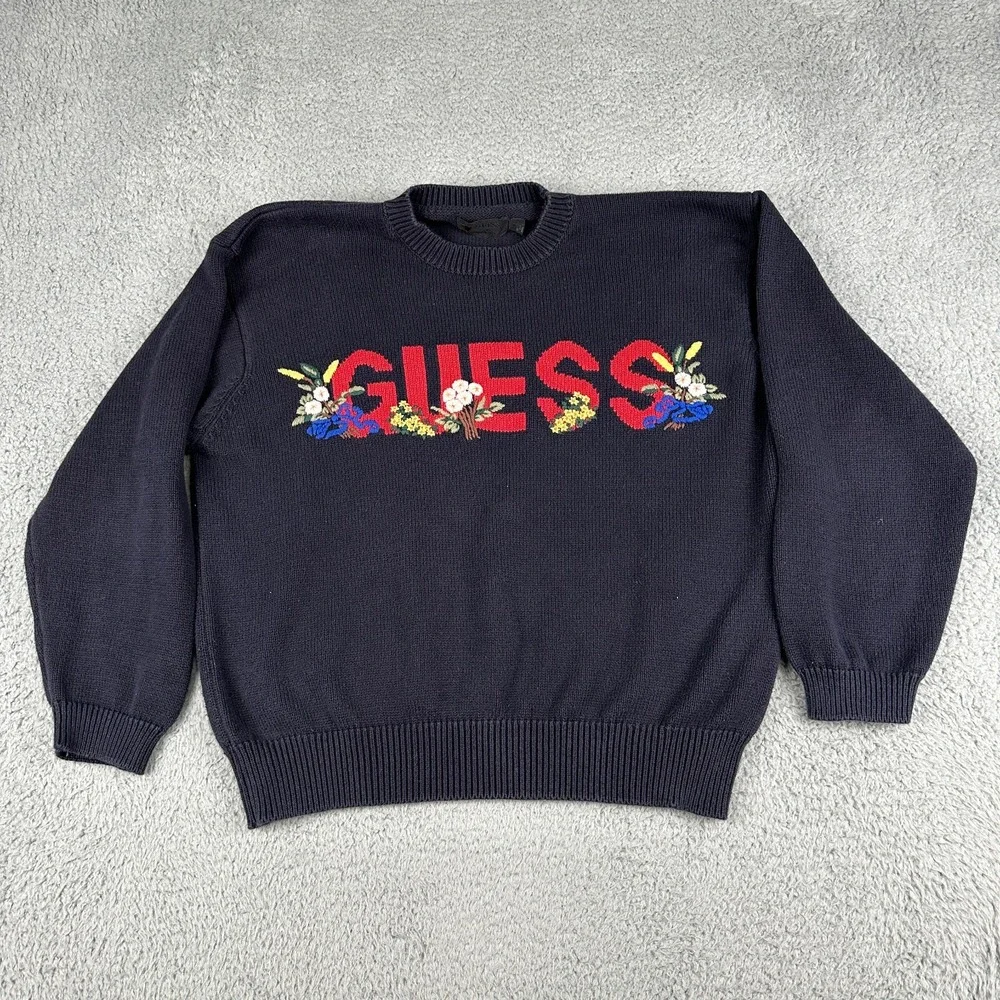Vintage Guess Sweater Adult Medium Black Spell Out Flowers Embroidred 90s